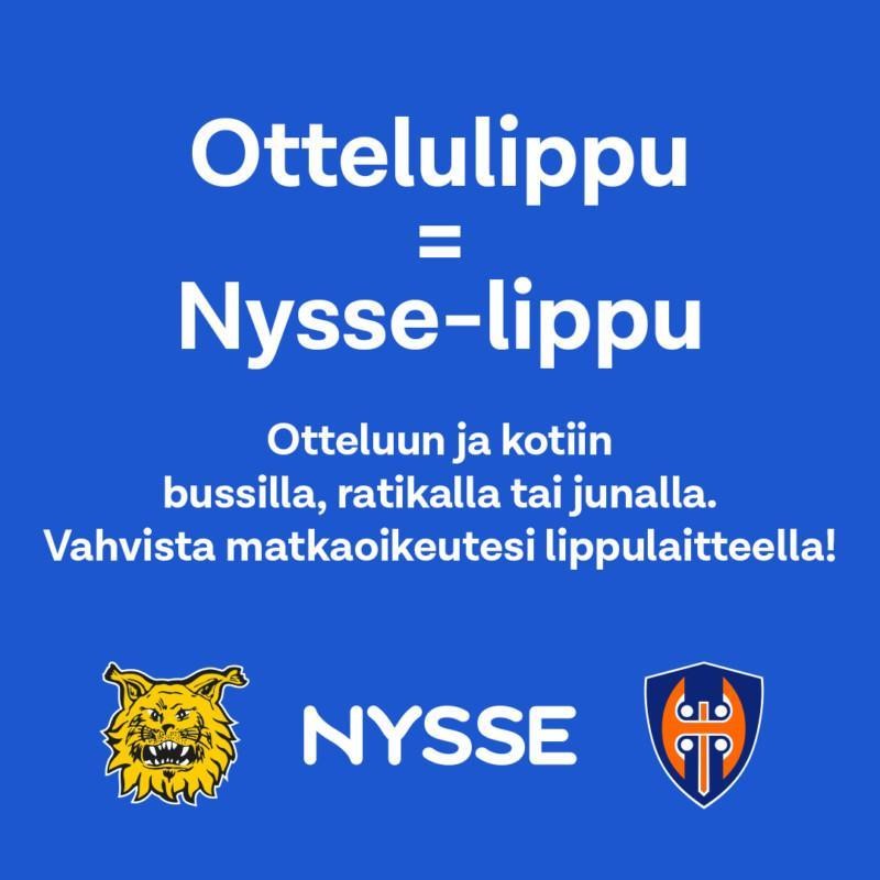 mainos, jossa kerrotaan, että jääkiekkoliigan ottelulippu toimii myös Nysse-lippuna